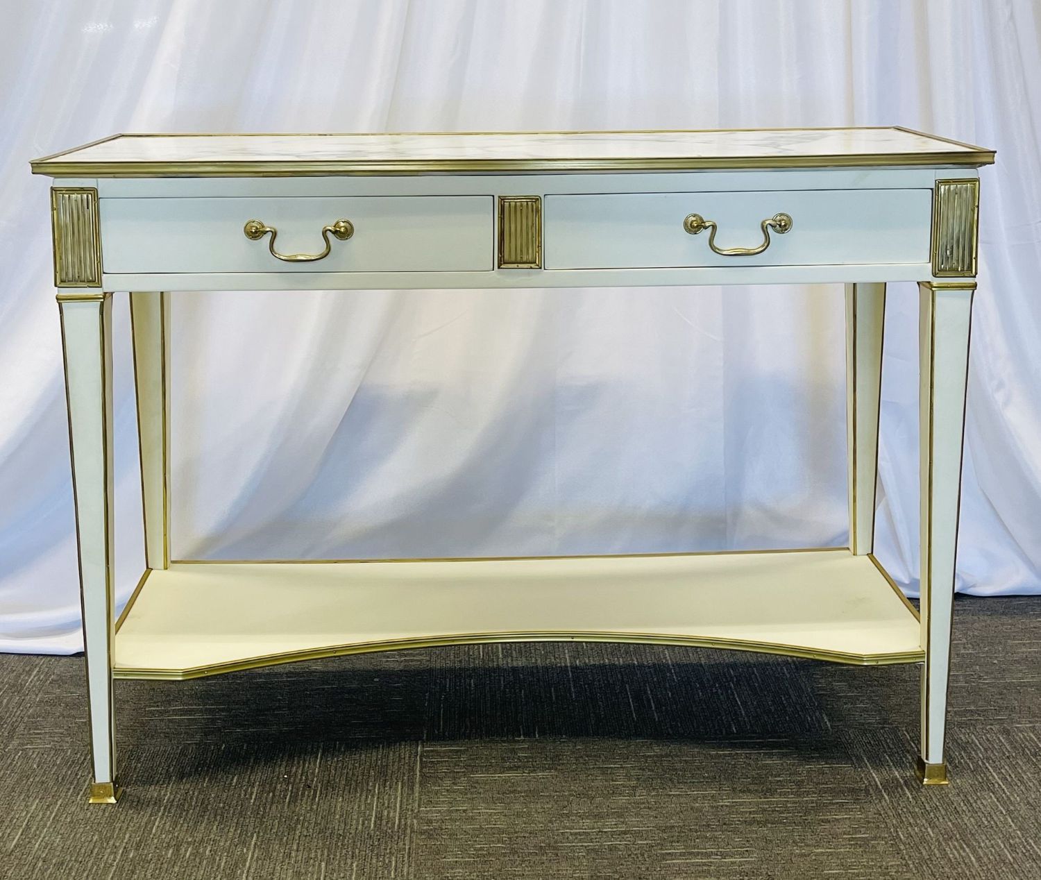 Pair of Hollywood Regency Neoclassical White Sofa, Console Tables, Maison Jansen