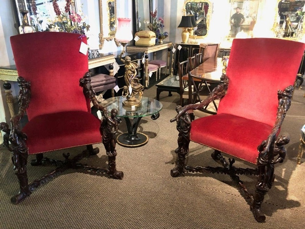 Pair of Italian 19th Century Baroque Carved Arm Throne Chairs, Figural Carvings