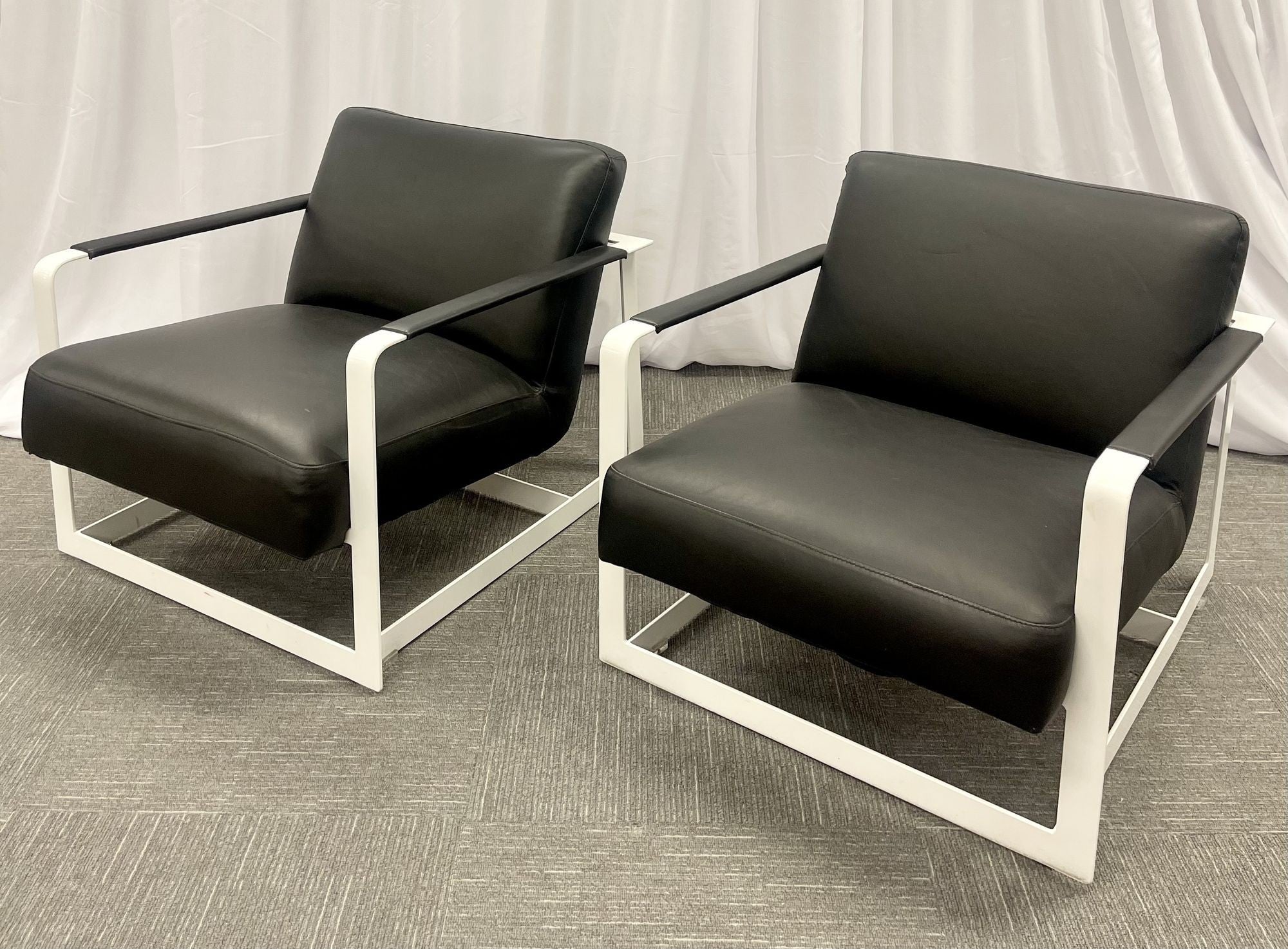 Pair of Mid-Century Modern Lounge Chairs, Leather, Steel Base, American, 1980s