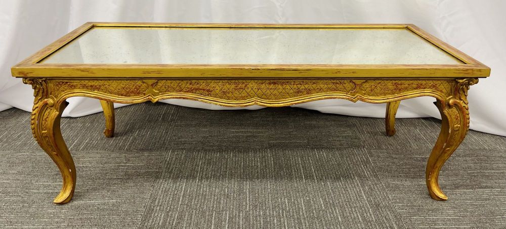 Petite Hollywood Regency Style Coffee Table, Giltwood Base, Antiqued Mirror Top