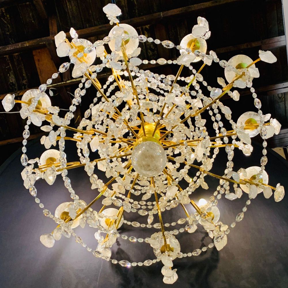 12 Light Gilt Metal Rock Crystal Chandelier. Hollywood Regency in Style