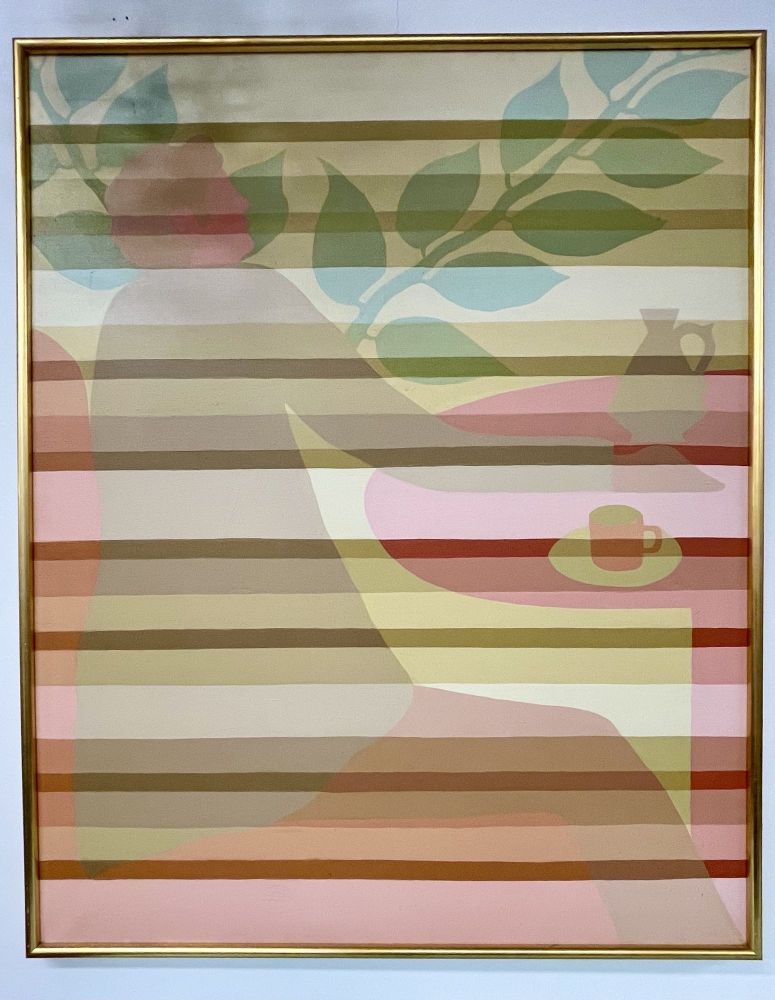 Pair of Mid-Century Framed Oil on Canvas, 'Tea Time' Signed Melbardis, 1979