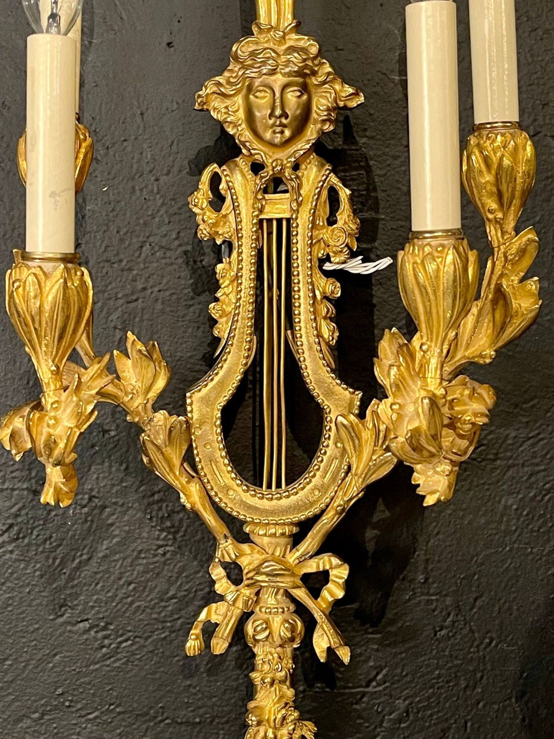 Pair of Louis XVI Style Doré Bronze Sconces Monumental Ribbon and Tassel Form