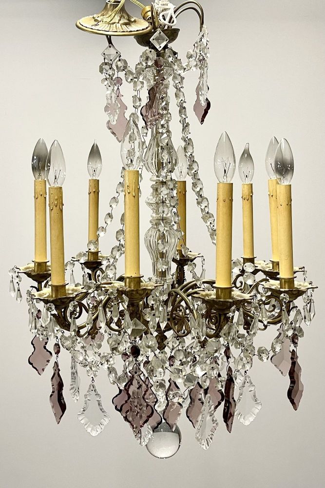 Louis XVI Bronze and Crystal Chandelier, Colored and Clear Crystals, France