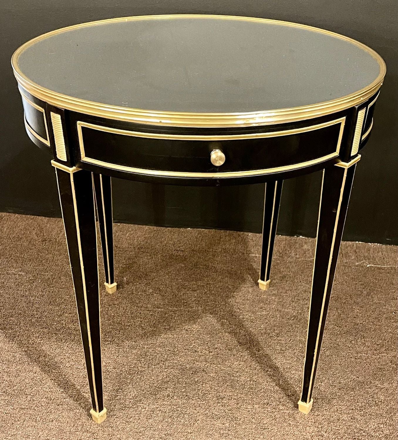 Hollywood Regency Ebony Bouillotte or End Tables, Manner Jansen Mirror Tops Pair