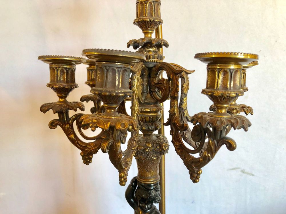 Pair of Antique Bronze Cherub Candelabras on Marble Vases with Custom Shades