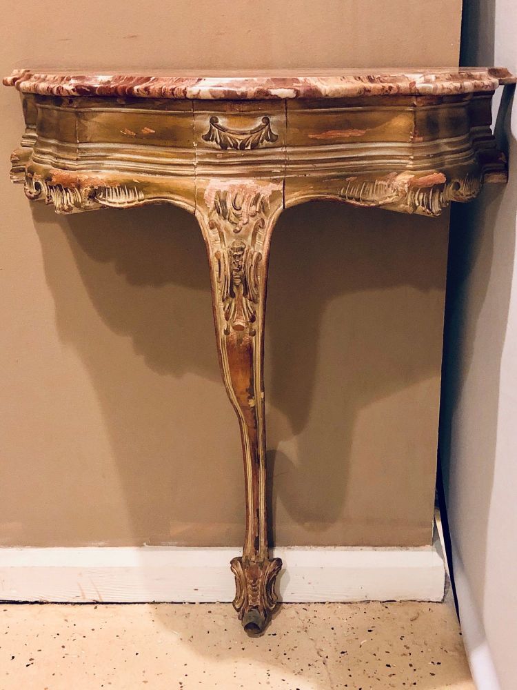 French Louis XV Style Distressed Antique Demi Lune Console, Rouge Marble Top