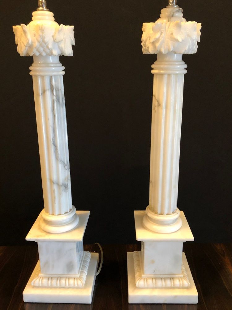 Pair of White and Grey Veined Column Marble Table Lamps with Custom Shades