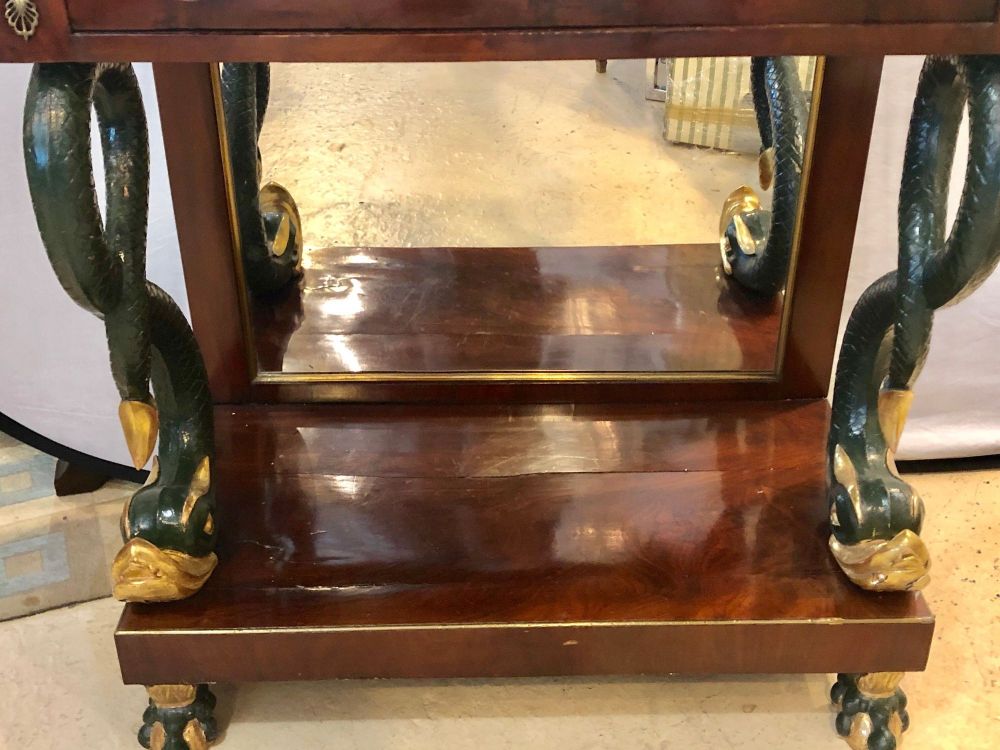 19th Century Empire Serpent Paint & Gilt Decorated Mirrored Back Pier or Cons