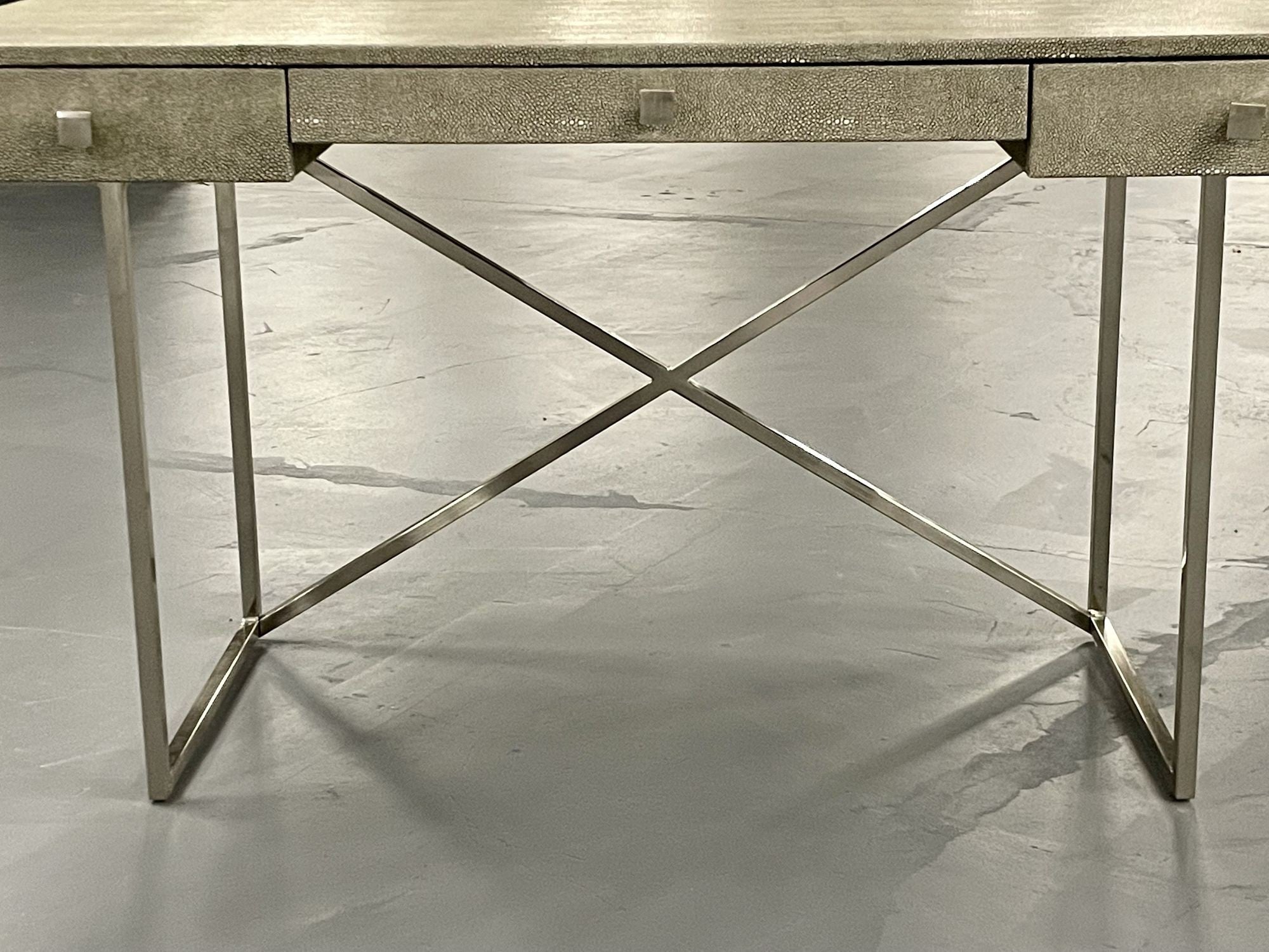 Modern Karl Springer Style Three-Drawer Faux Shagreen Desk/Writing Table, Chrome