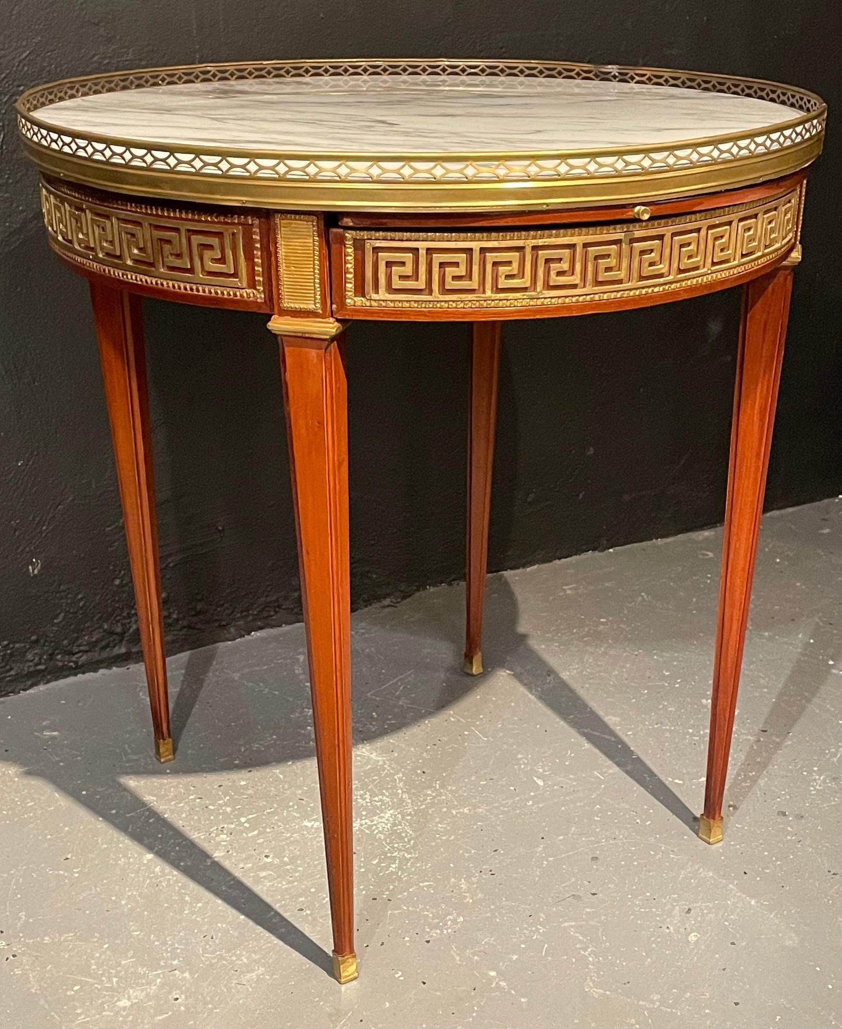 Pair of Marble Top Greek Key Bouillotte or End Tables, Manner of Jansen