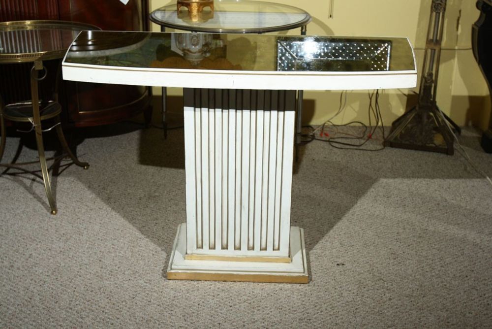 Jansen Painted & Eglomise Console Tables Glass Atop White Painted and Parcel Gilt Frieze - a Pair