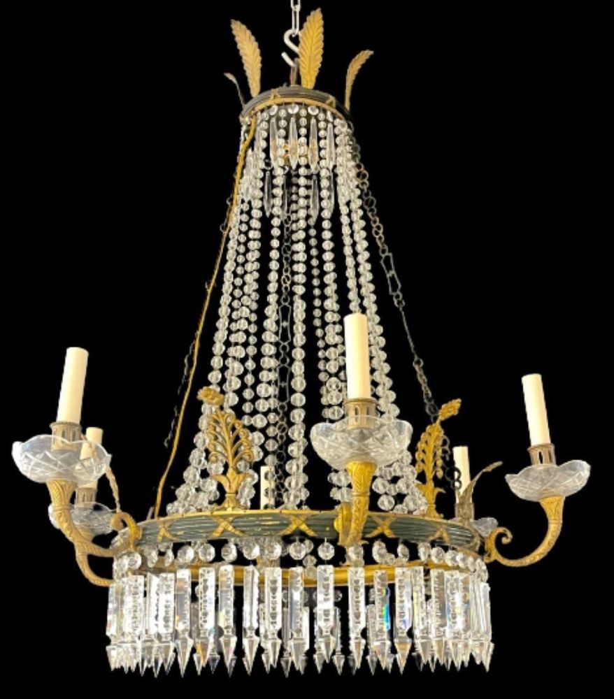 Russian Neoclassical Six Light Chandelier, Bronze and Crystal