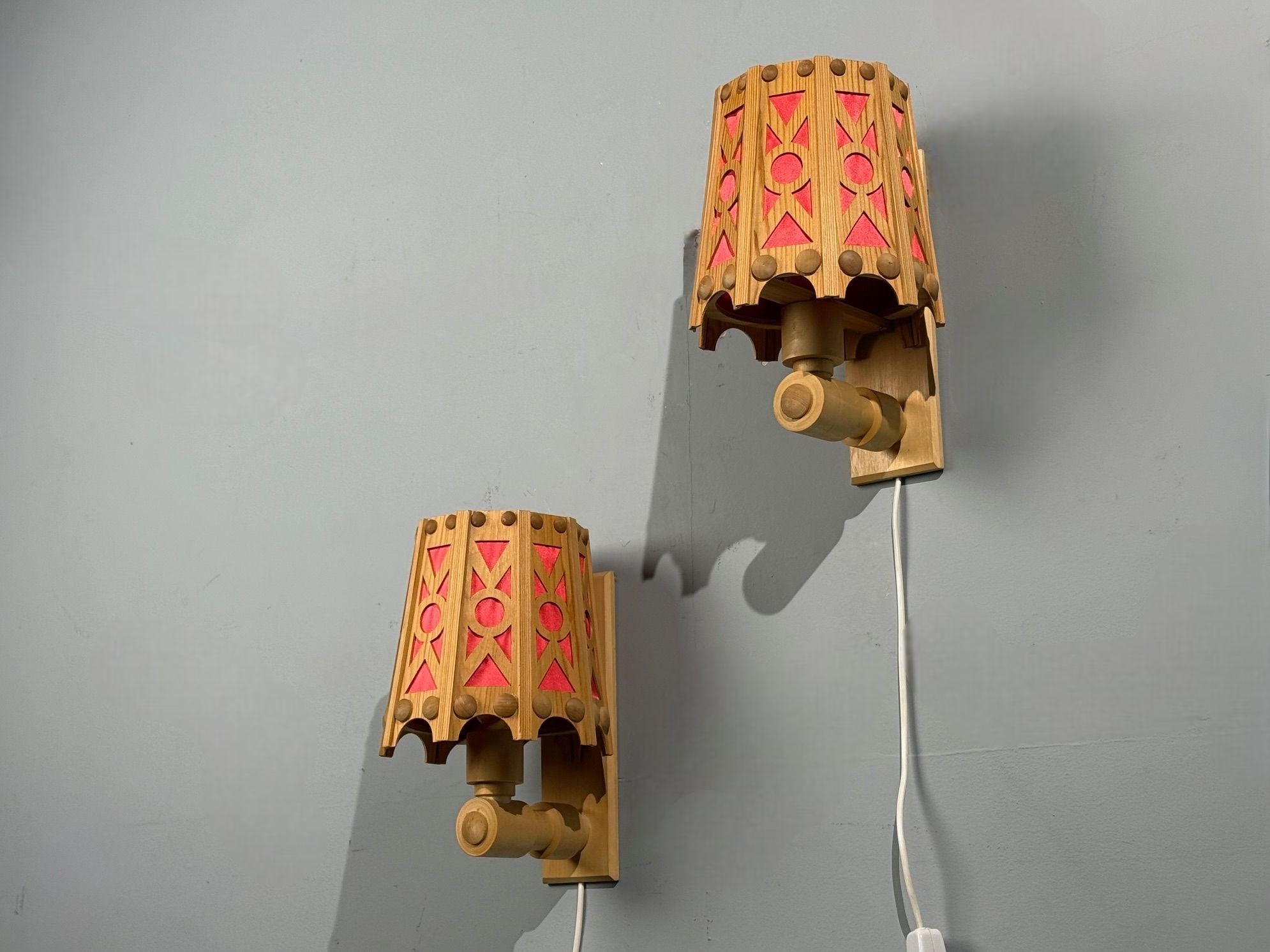 Swedish Modern, Wall Lights, Pine, Red Textile, Sweden, 1970s