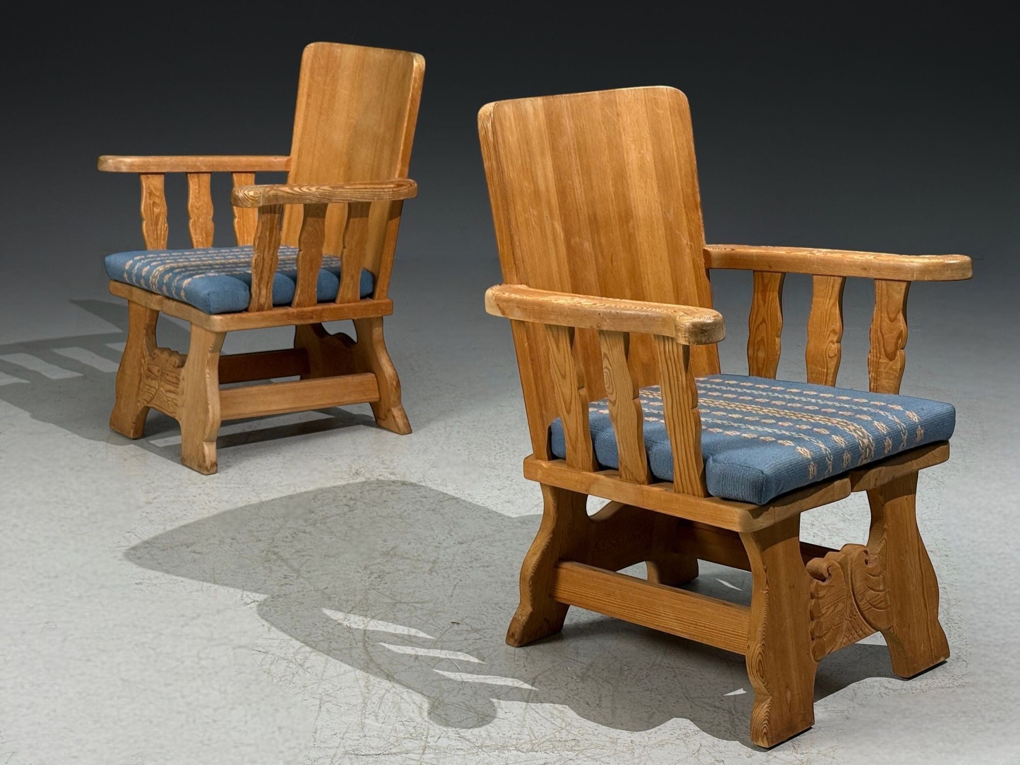 Krogenæs Møbler, Armchairs, Pine, Blue Fabric, Norway, 1970s