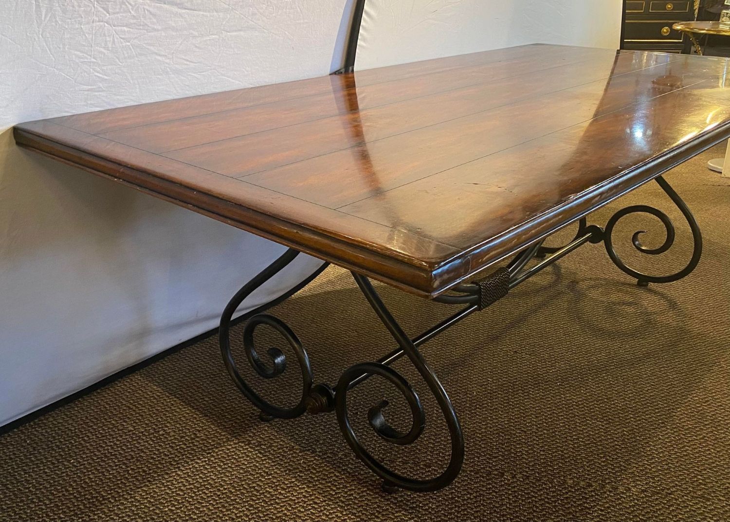 Ebony Metal and Brass Scroll Base Dining Table Wood Top Baroque Style