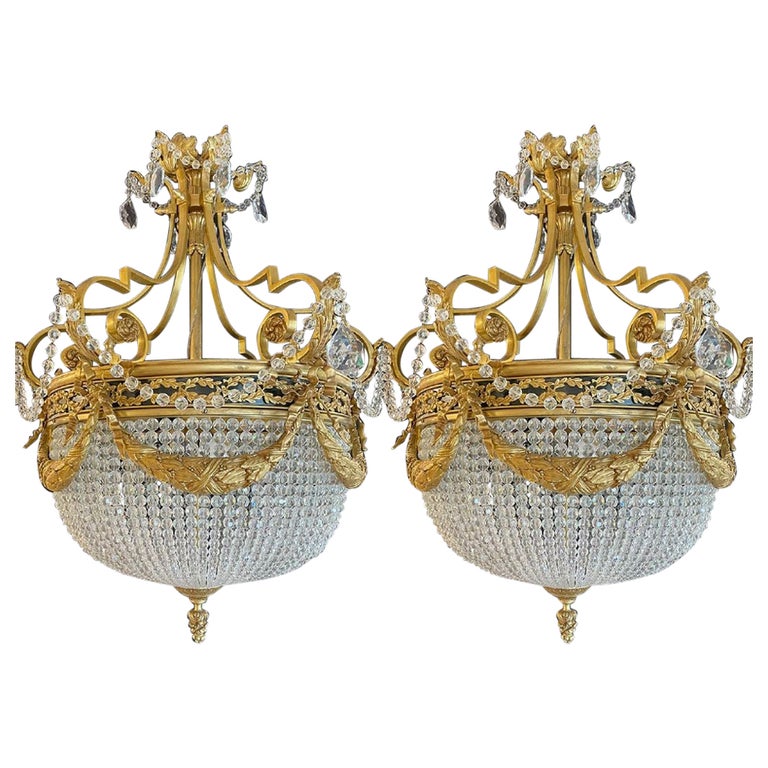 A Pair of Gilt Bronze Louis XVI Style Ballroom Chandeliers, Crystal, Rewired