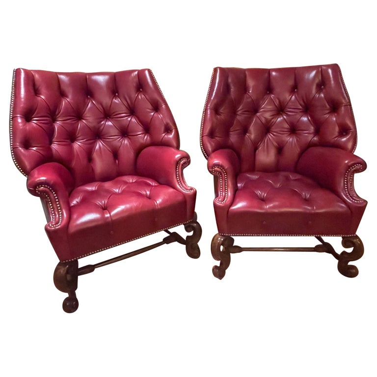Pair Oversized Tufted Leather Wingback Lounge Chairs, Georgian, Finest Quality