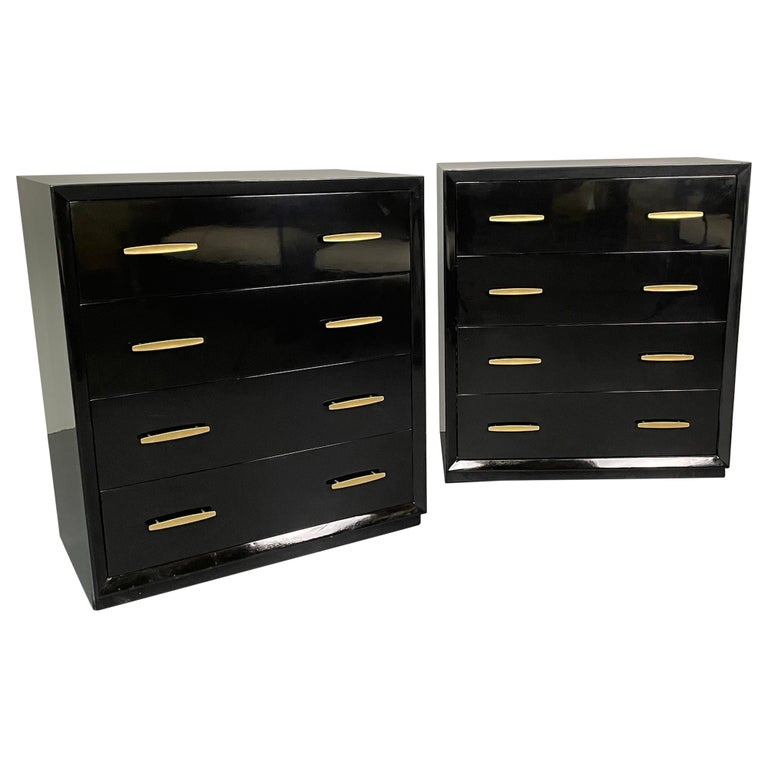 Pair of Mid Century Modern Ebony Lacquered Chests, Dressers, Brass, American