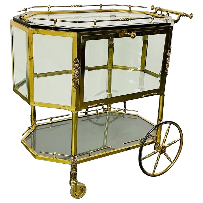 Hollywood Regency Beveled Glass, Bronze and Brass Tea Wagon or Serving Cart