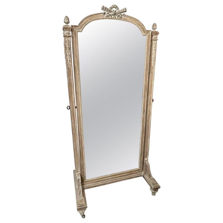 19th Century Cheval, Floor Mirror, Louis XVI, Whitewashed, Standing Mirror