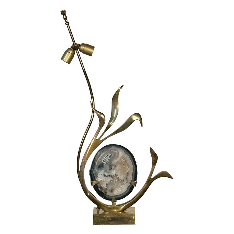 Mid-Century Modern Signed Willy Daro Bronze, Agate Sculptural Table Lamp, 1970s