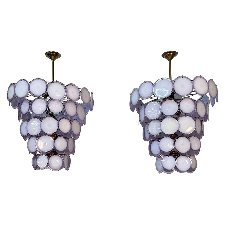 Pair Murano Disc Mid-Century Modern Tiered Chandelier, Antiqued Brass, New Wired