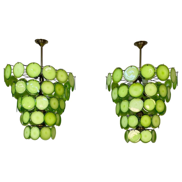Pair of Murano Disc Mid-Century Modern Chandeliers, Antique Brass, New Wired