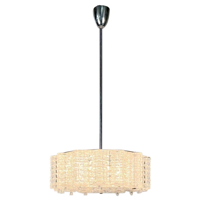 Art Deco, Chandelier, Textured Glass, Chrome, Sweden, Circa 1930s