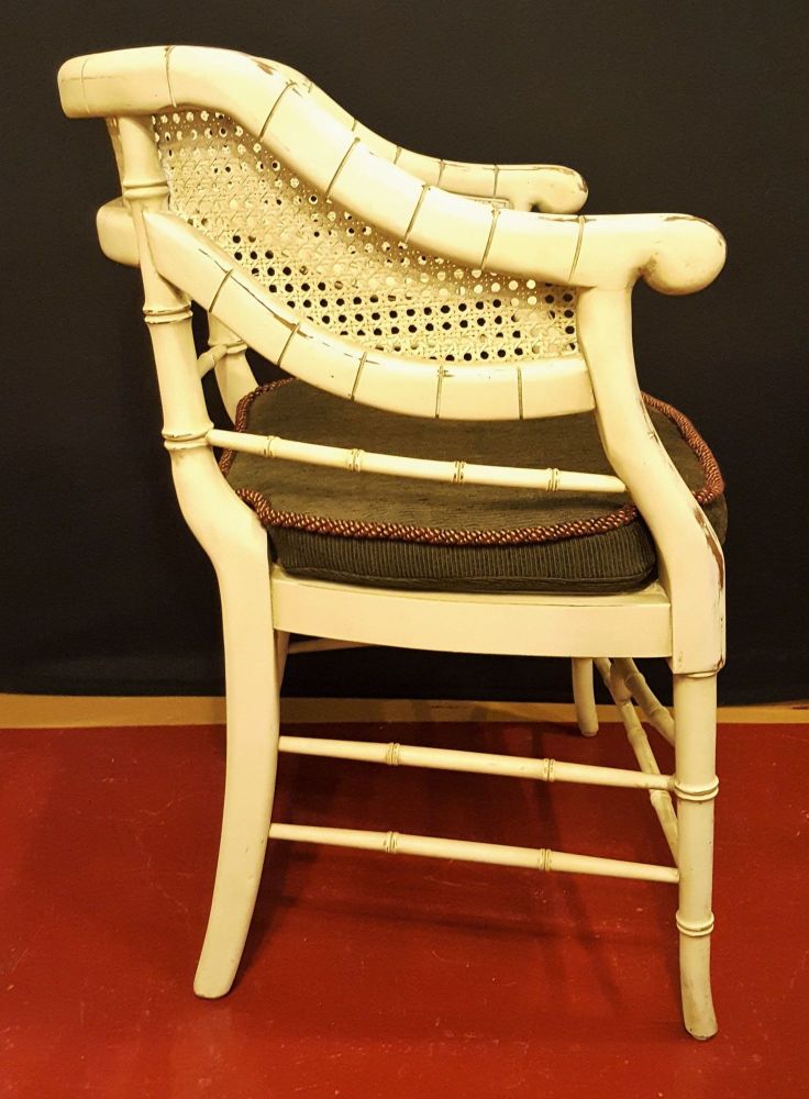 Pair of Mid Century Curved Back Bamboo Arm Chairs Removable Cushion