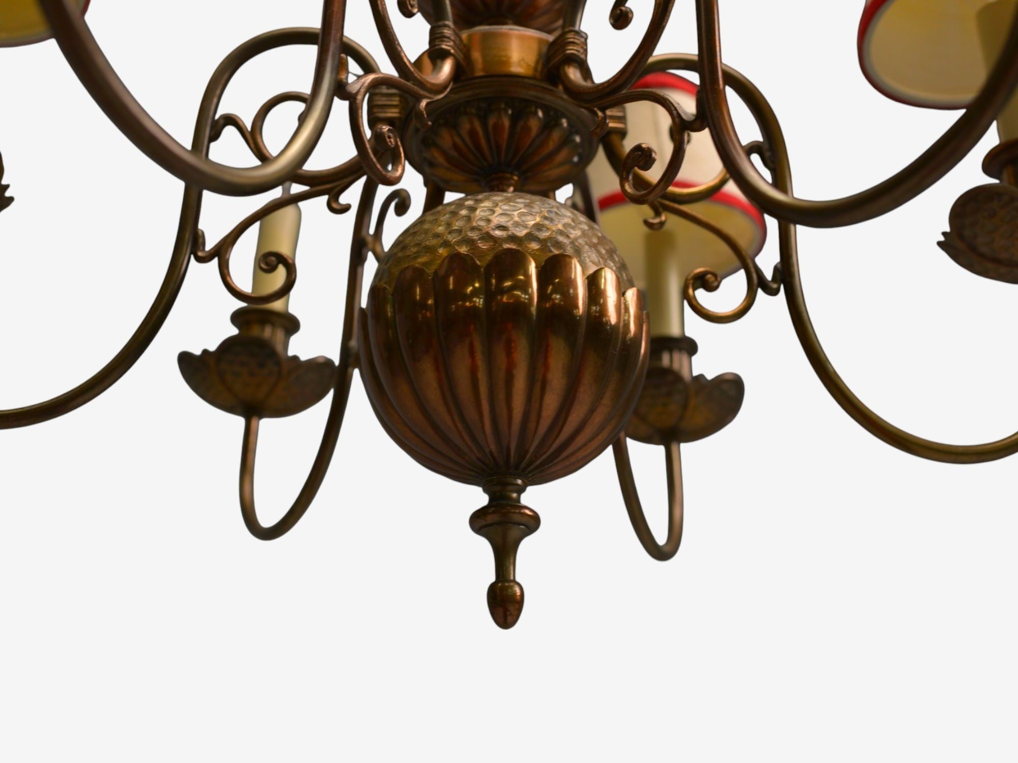 Baroque, Hammered Brass, Bronze, Fabric, Pendant Light, 1950s