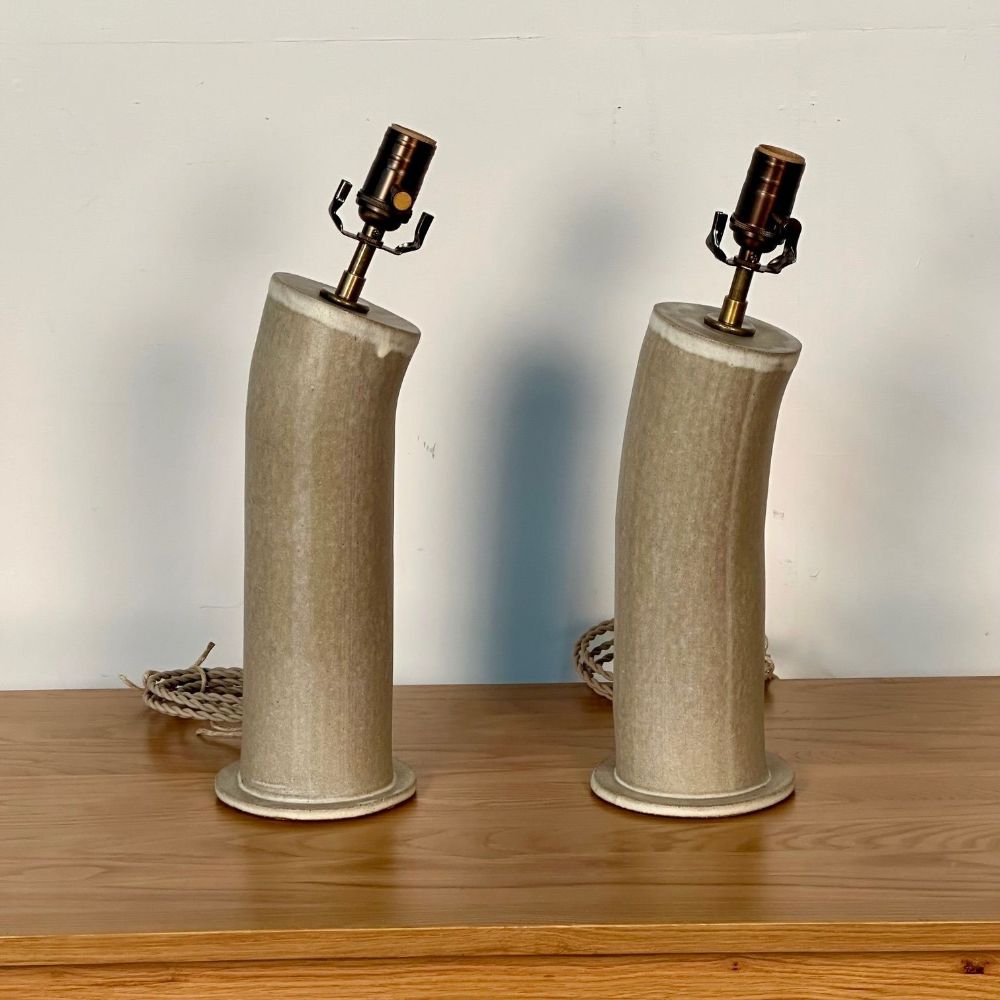 Pair Contemporary Stoneware Beige Glazed Ceramic Table / Desk Lamps, Parchment