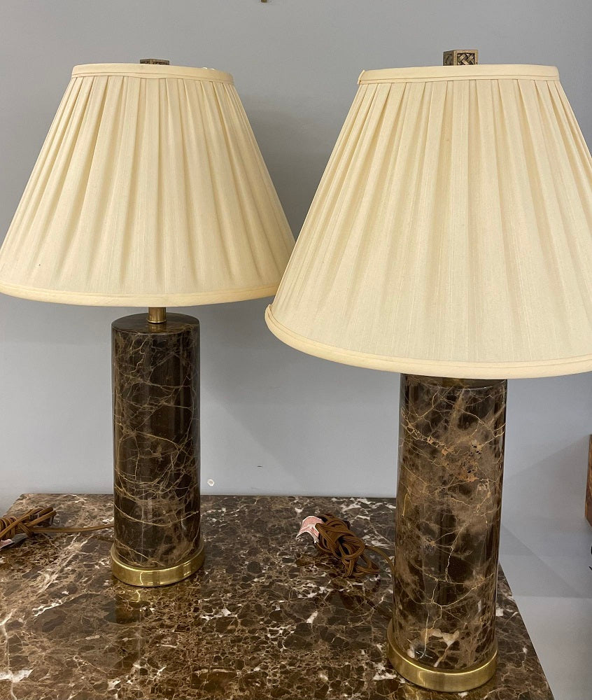 Pair of Modern Solid Marble Cylindrical Table Lamps, Brass Base, Single Bulb