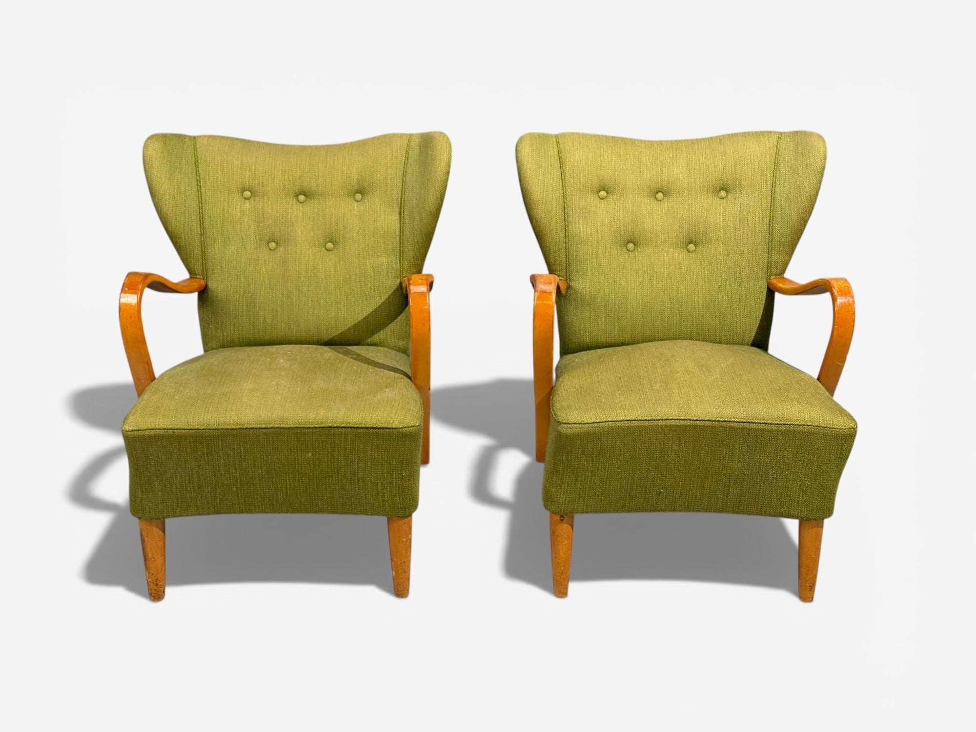 Swedish Modern, Lounge Chairs, Elm, Green Fabric, Sweden, 1930s