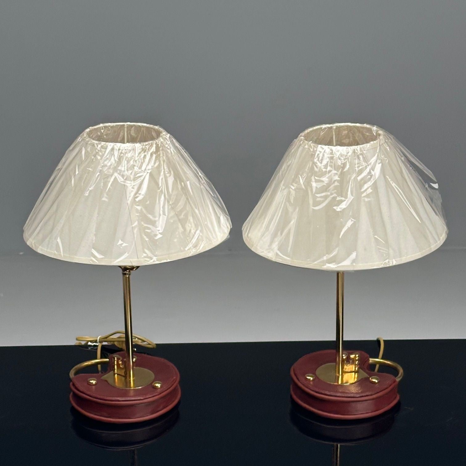 Cartier Style, Modern Key Table Lamps, Red Leather, Brass, Paper Shades