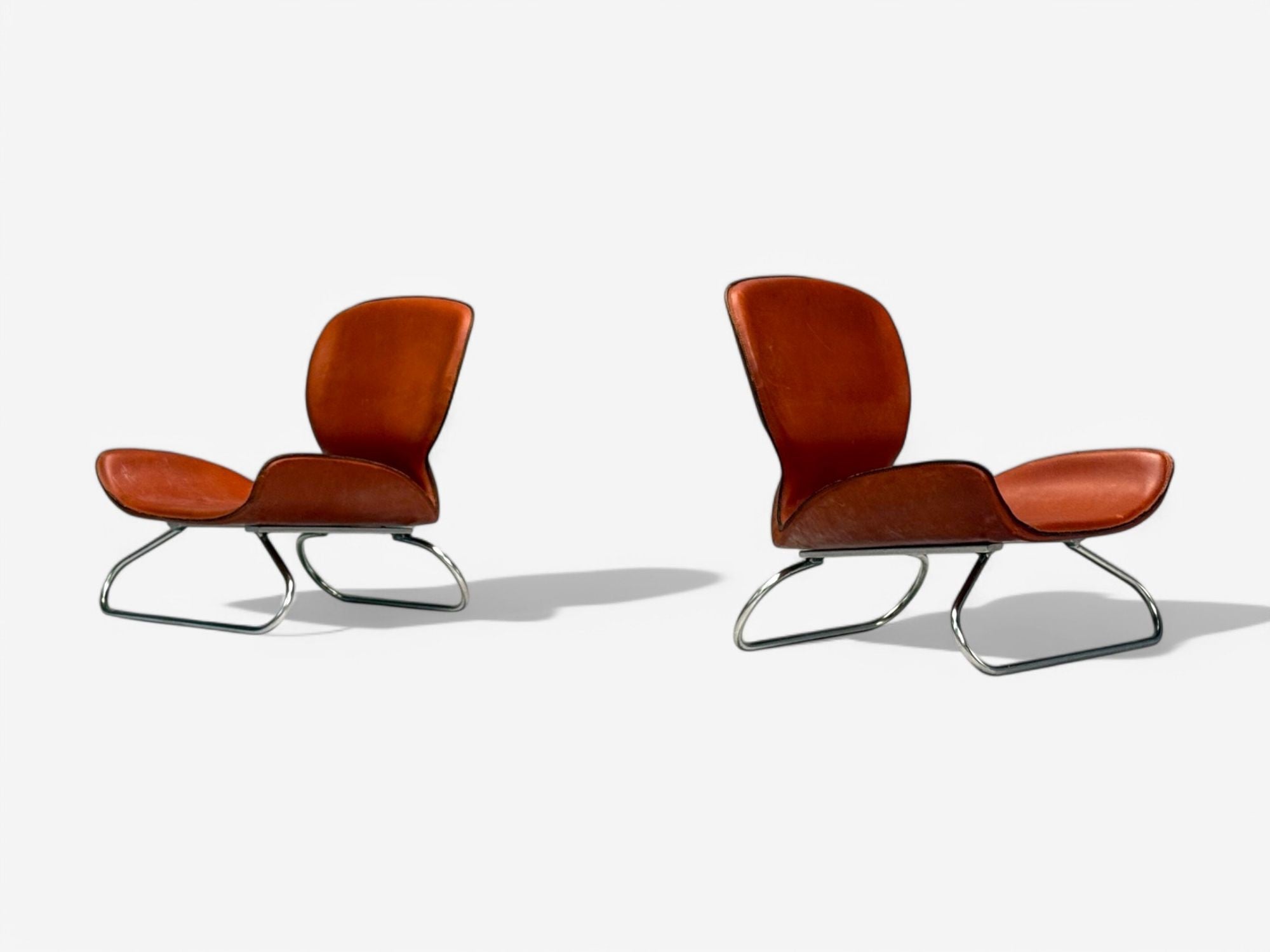 KOI, Modern, Cognac Leather, Nickel, K-3 Low Lounge Chairs, England, 2000s