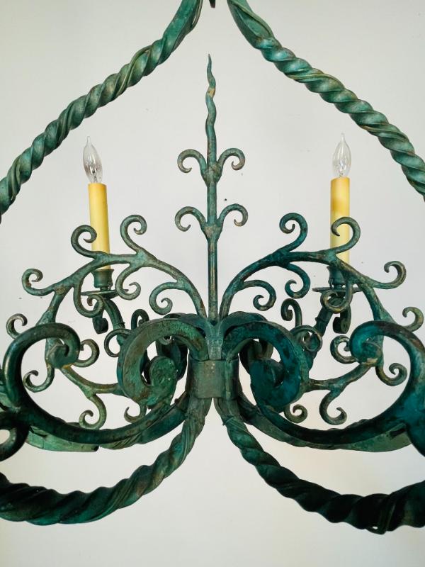 Wrought Iron Industrial Green Painted Chandelier, Circa 1930s