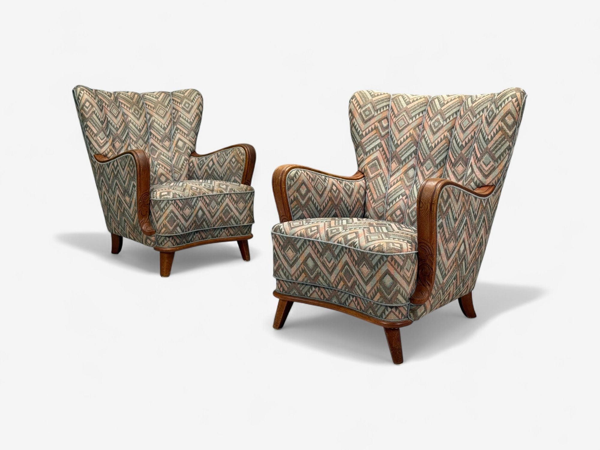 Swedish Art Deco, Stained Wood, Fabric, Organic Lounge Chairs, Sweden, 1970s