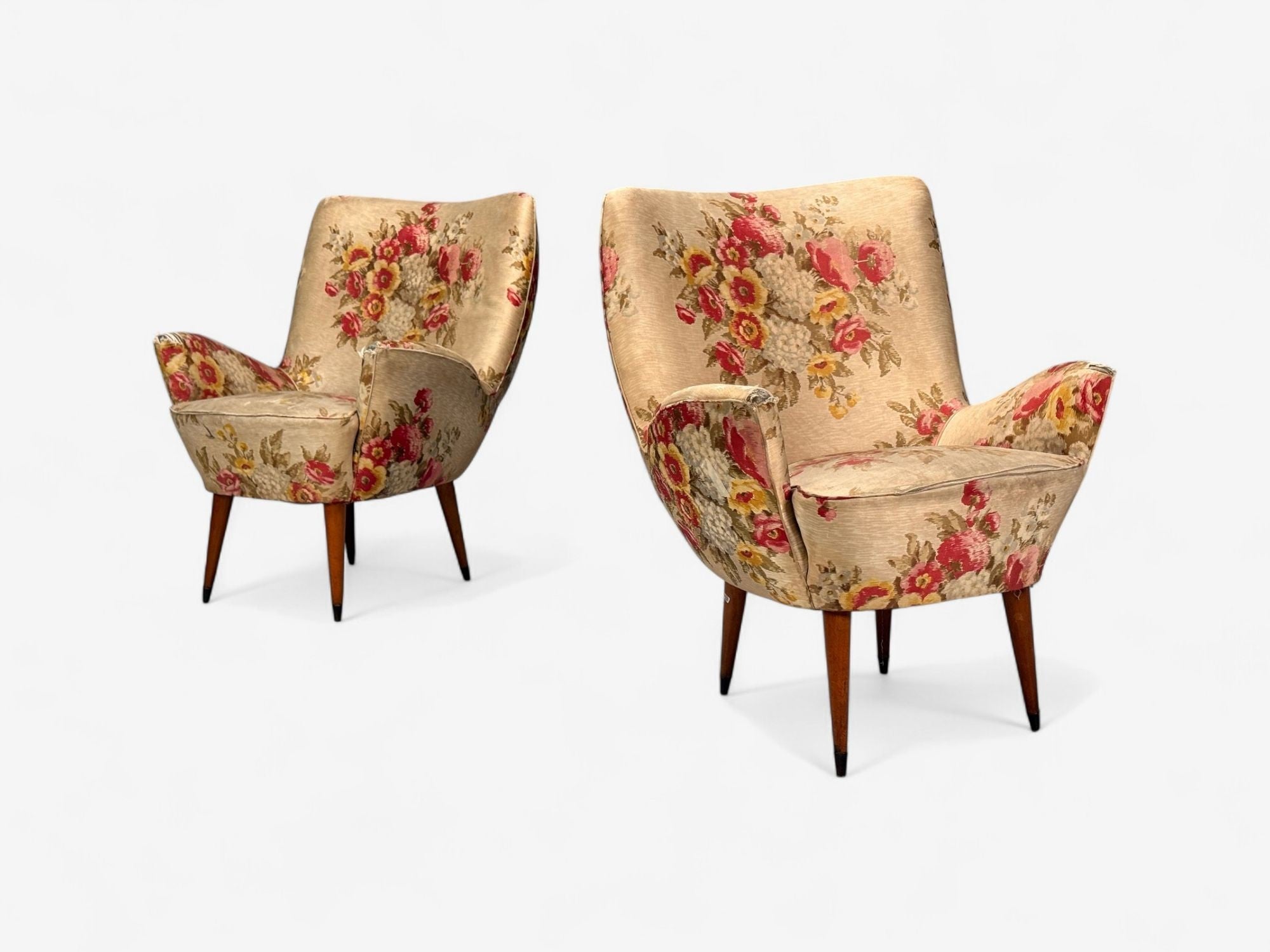 ISA Bergamo, Fabric, Wood, Brass, Organic Lounge Chairs, Italy, 1950s