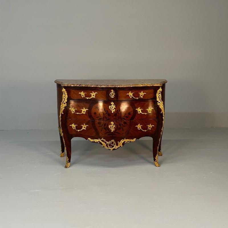 19th Century French Bombe Louis XV Style Marble Top Commode with Floral Inlays