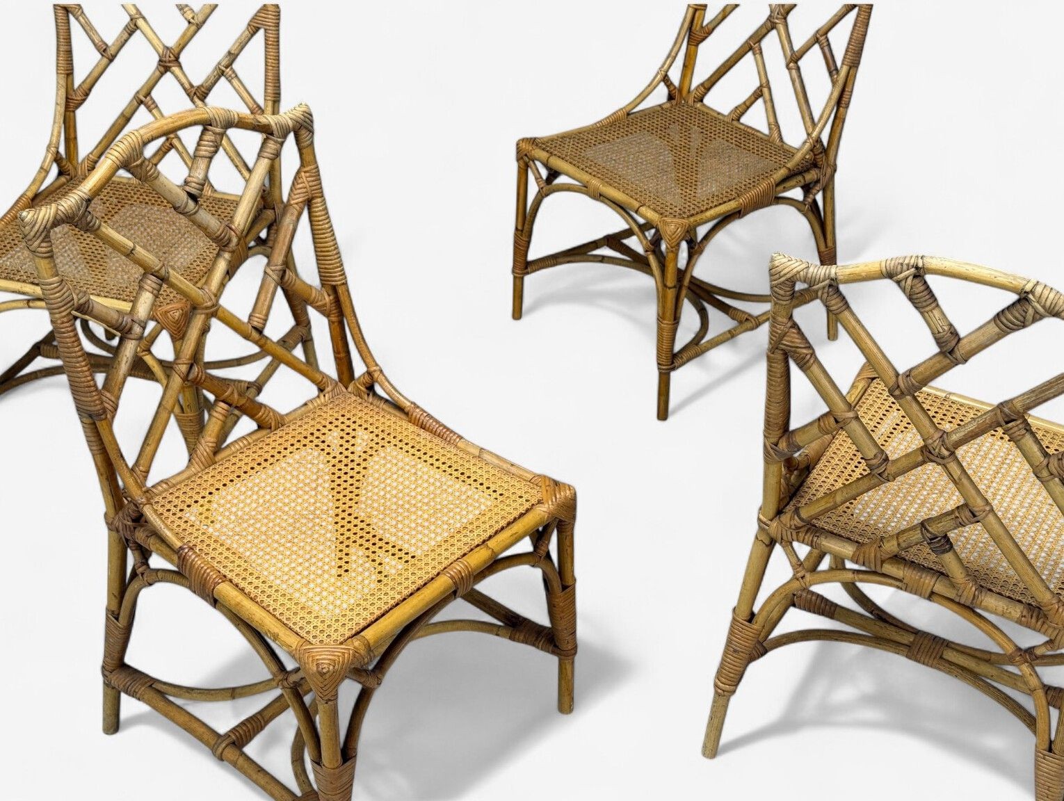 Dal Vera, Italian Modern, Bamboo, Cane, Six Dining Chairs, Italy, 1950s