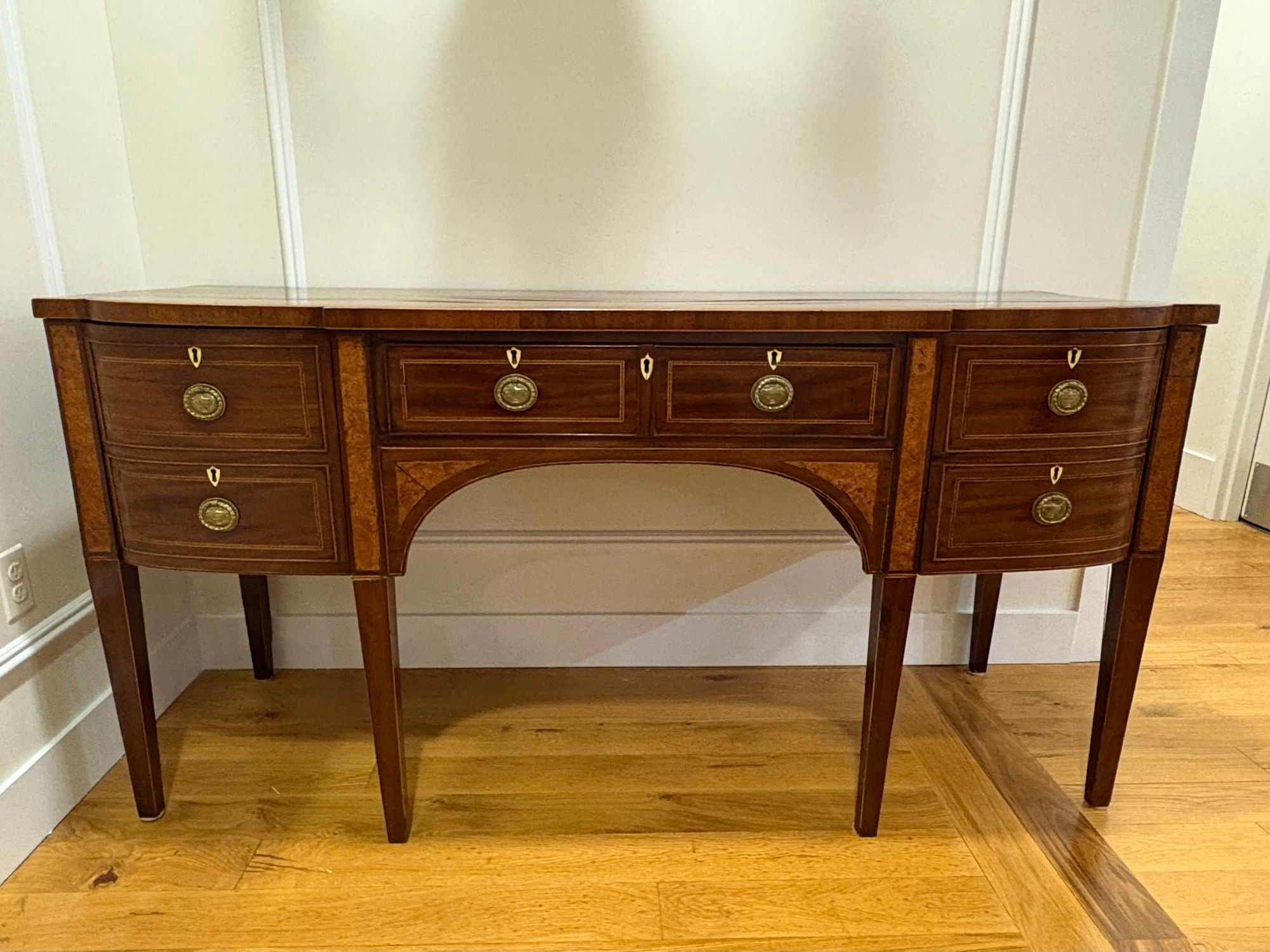 George lll, Mahogany, Inlaid Wood, Satinwood, Brass, Sideboard, England, 18th/19th C.