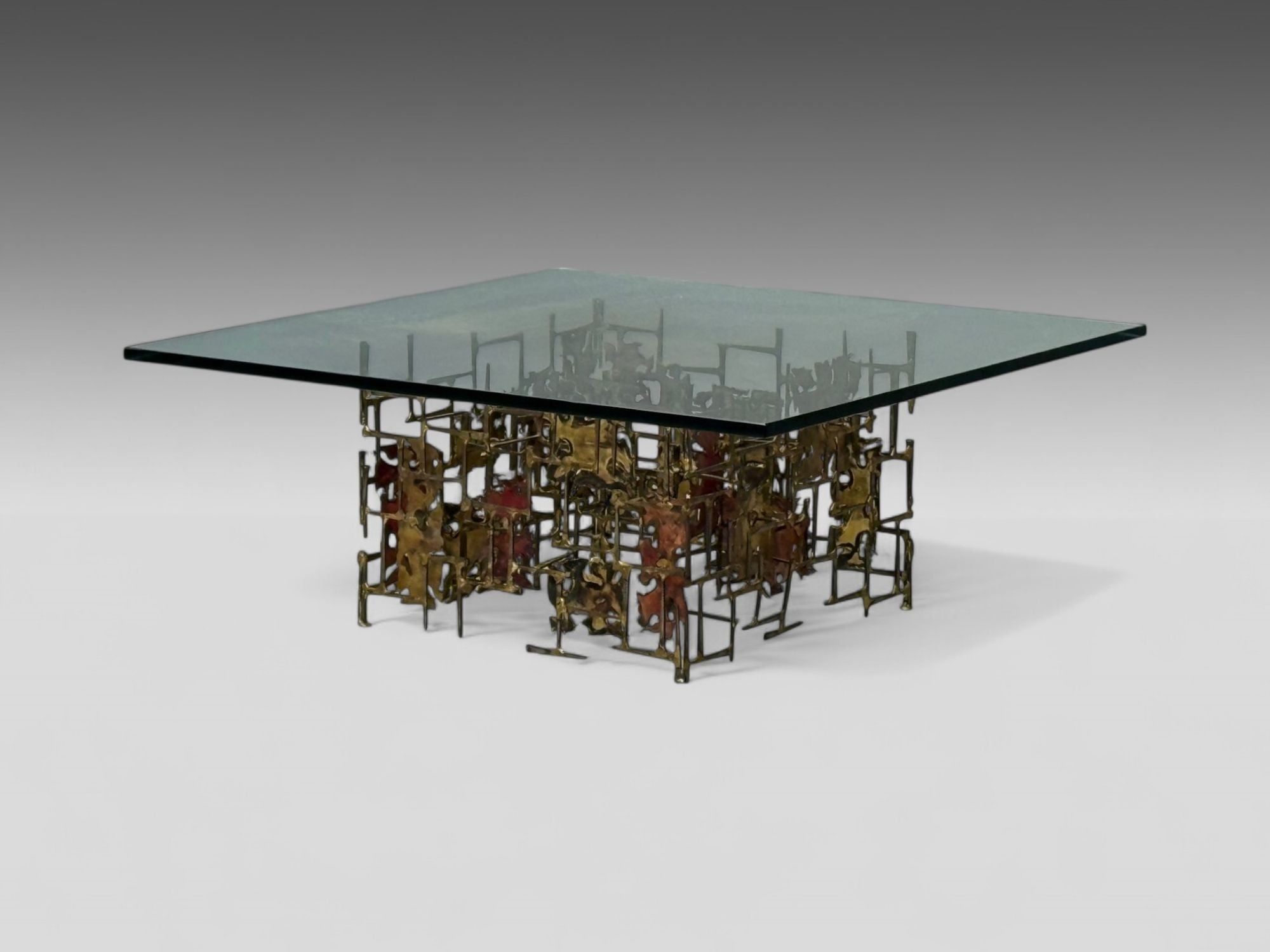 Silas Seandel Style, Brutalist Modern, Metal, Glass, Coffee Table, USA, 1970s