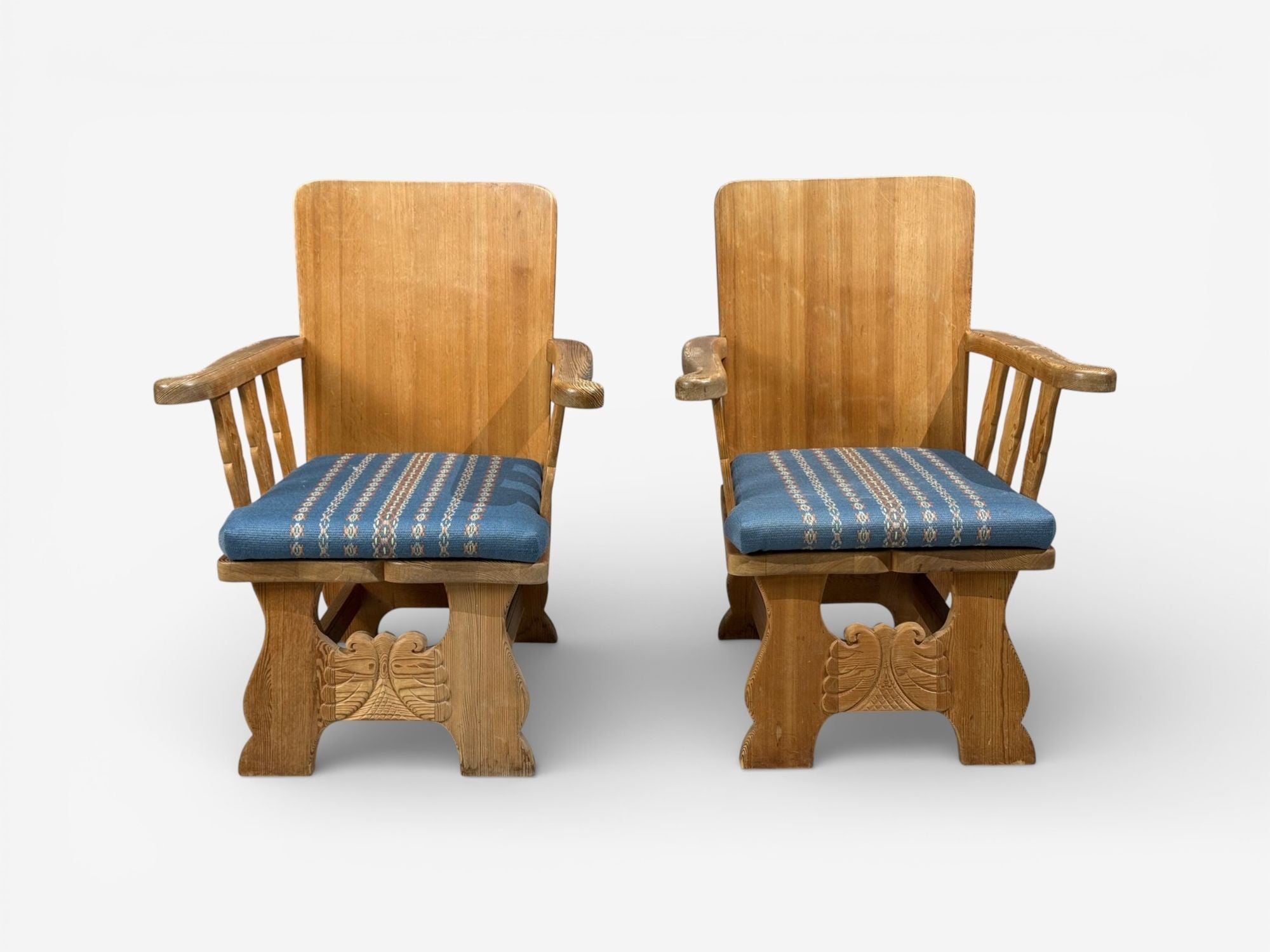 Krogenæs Møbler, Armchairs, Pine, Blue Fabric, Norway, 1970s