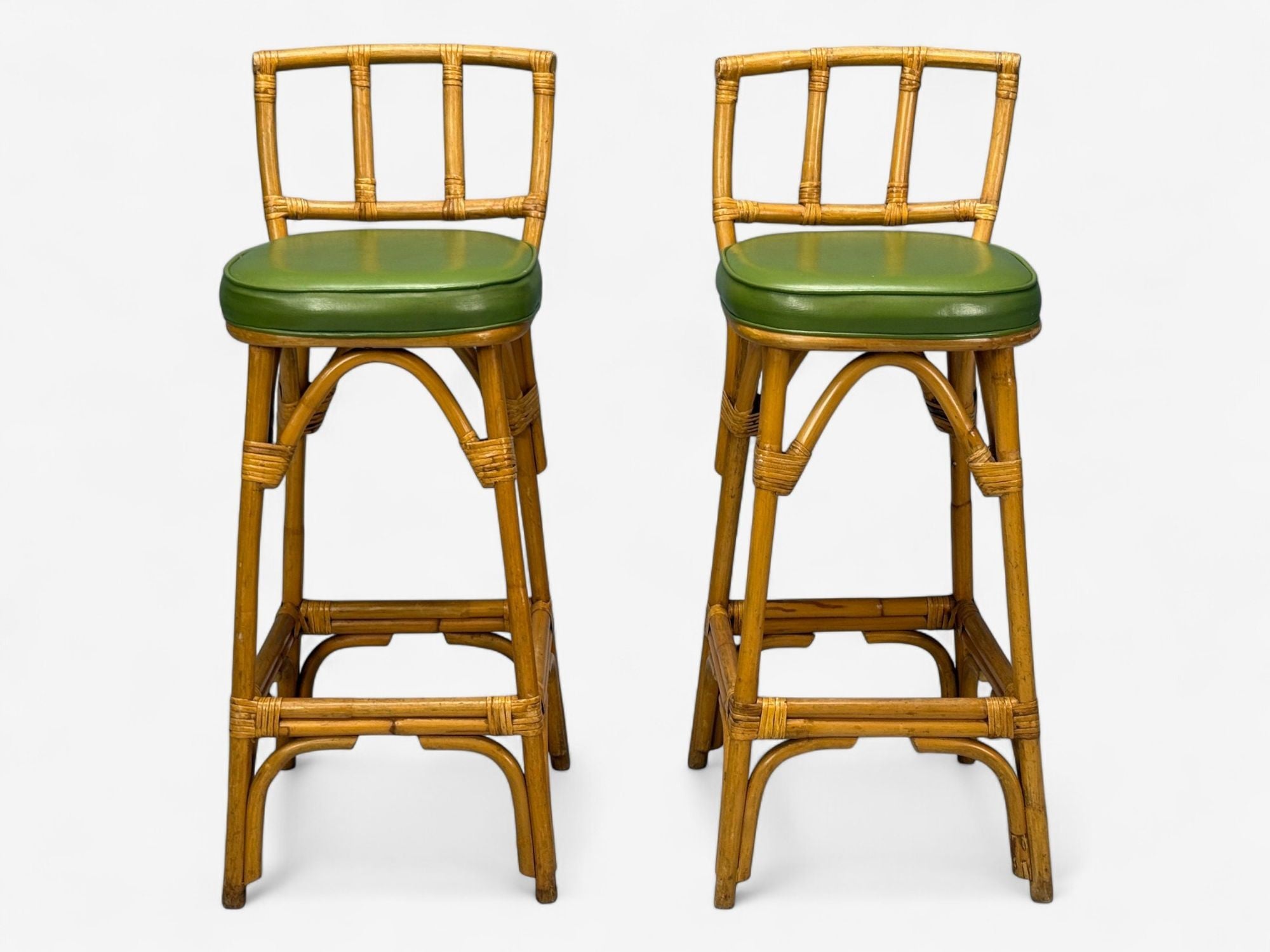 Dutch Modern, Bamboo, Green Leather, Five Barstools, Netherlands, 1970s