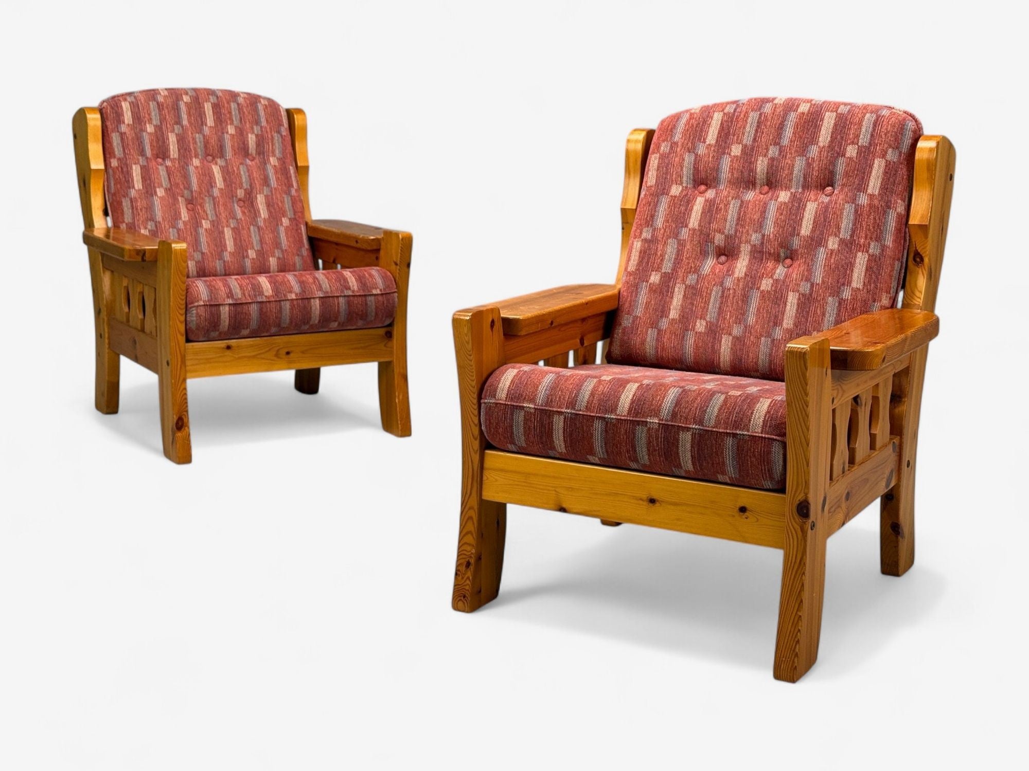 Swedish Modern, Pine, Red Fabric, Brutalist Lounge Chairs, Sweden, 1950s