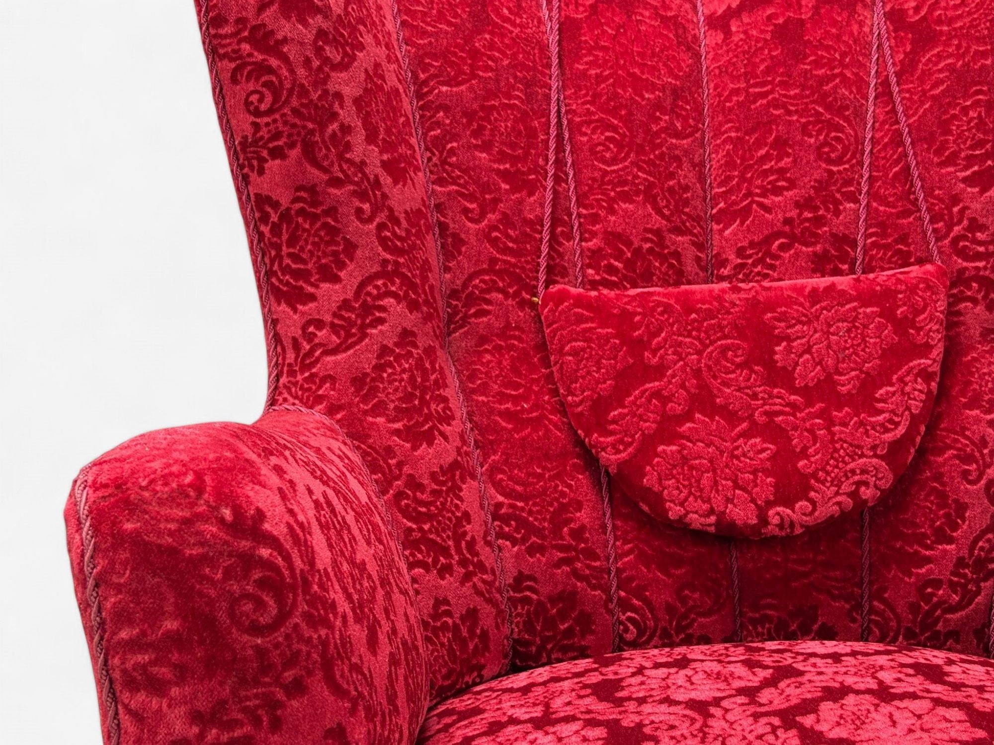 Danish Cabinetmaker, Red Damask, Wood, Lounge Chair, Denmark, 1950s