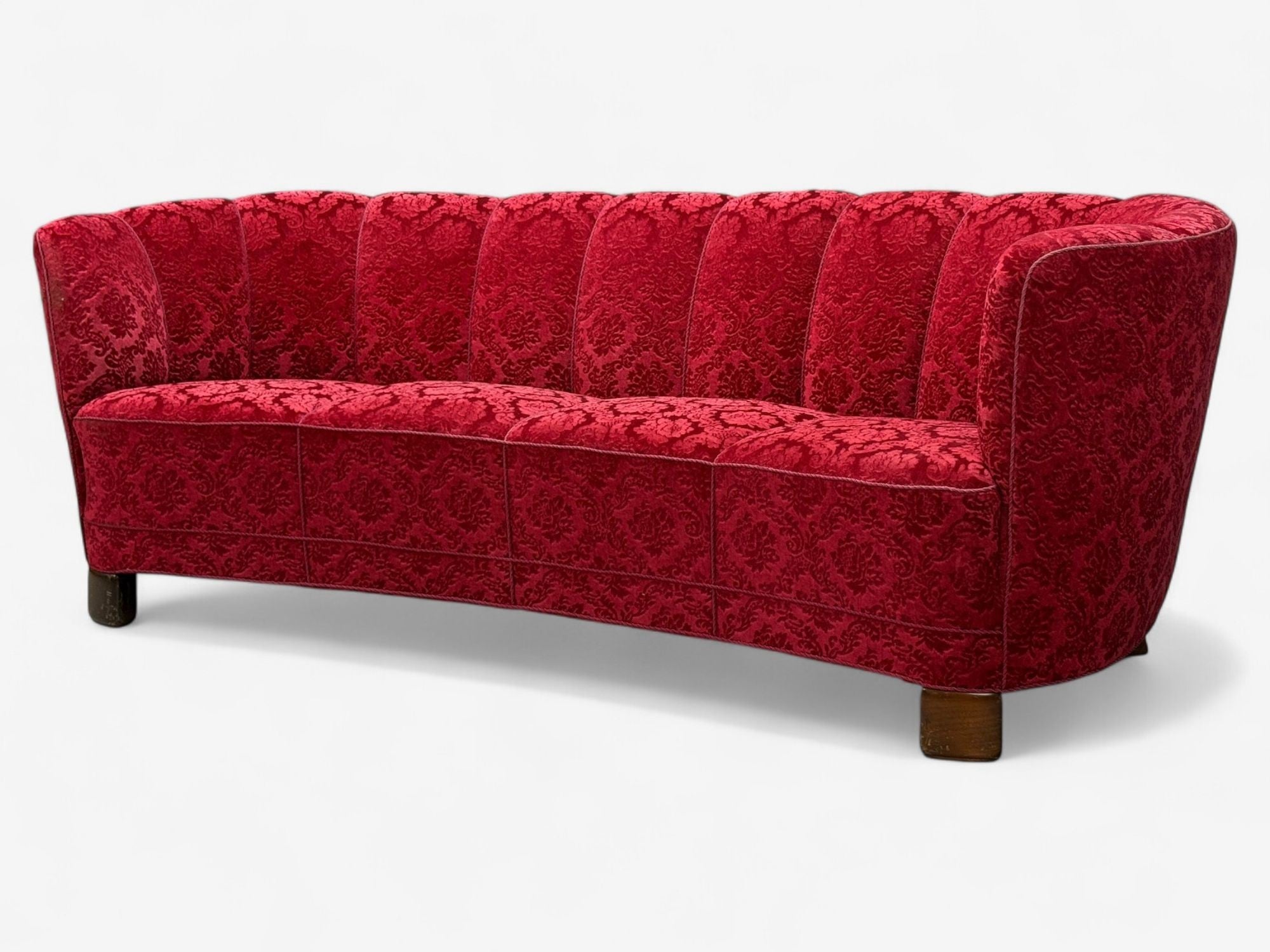 Danish Cabinetmaker, Oak, Fabric, Curved Banana Sofa, Denmark, 1960s