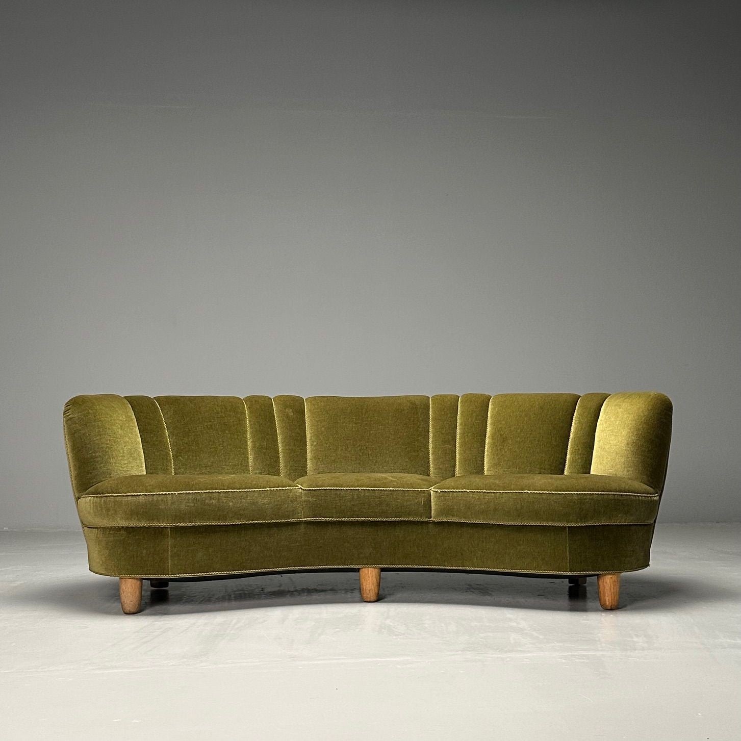 Danish Cabinetmaker, Mid-Century Modern Curved Banana Sofa, Beech, Green Velvet