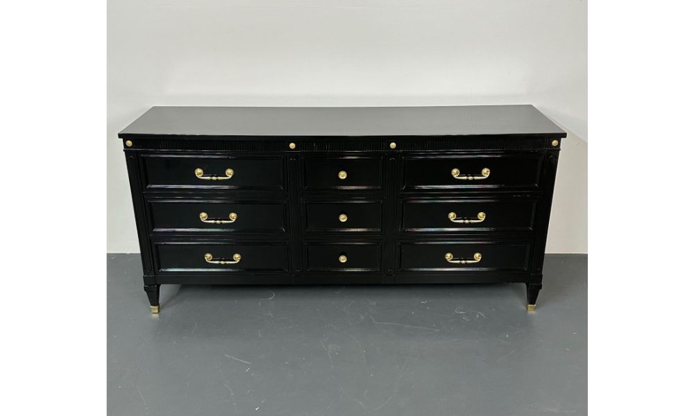 Hollywood Regency Black Lacquer Dresser, Chest, Sideboard, Maison Jansen Style
